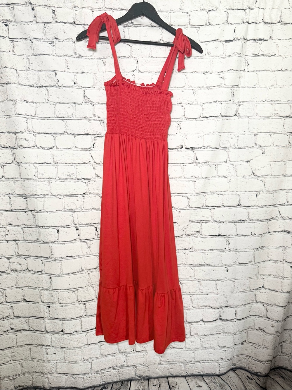 Red Tie-Shoulder Smocked Maxi Dress. Size S